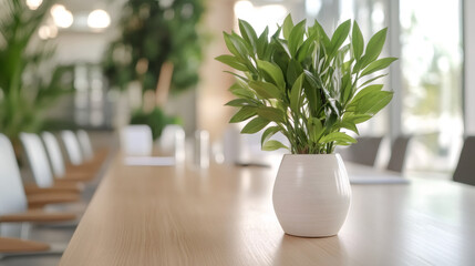 Poster - Green houseplant in minimalist white container enhancing modern workspace with natural, serene workspace ambiance