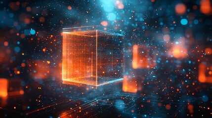 Wall Mural - glowing orange cube in dark futuristic space with particles.