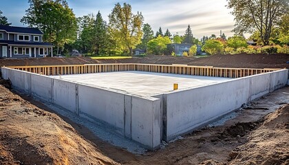 Concrete footings for a home's basement floor, with trees and a park in the background against a blue sky.