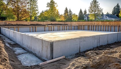 Concrete footings for a home's basement floor, with trees and a park in the background against a blue sky.