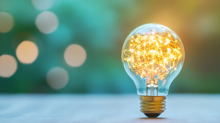 Aufkleber - Glowing light bulb illuminating wooden surface, blurred backdrop symbolizing creative concept
