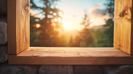 Aufkleber - Rustic wooden planks framing golden sunset glow through evergreen forest trees, offering minimalist product display space