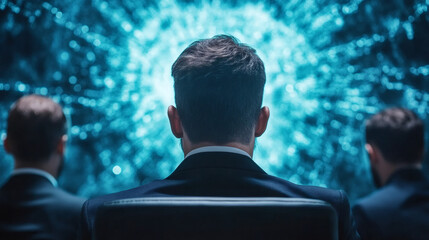 Poster - Businessmen sitting and watching holographic projection of binary code network, big data and machine learning concept