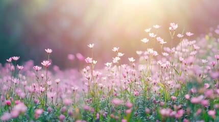 Aufkleber - Beautiful gypsophila flowers blooming in meadow during sunset creating a dreamy atmosphere