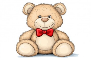 Wall Mural - a 2D cartoon illustration of a teddy bear with a red bow tie, cute and cuddly, white background