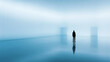 © BrightSpace - person stands alone in vast, minimalistic, blue lit room with reflective floors, evoking sense of solitude and contemplation. space is empty except for two doorways