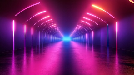 Wall Mural - neon lights illuminate a futuristic tunnel with vibrant pink and orange hues, reflecting on a glossy