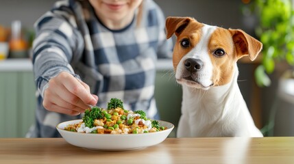 Wall Mural - Promoting pet wellness through nutrition and grooming A person feeding a dog with a bowl of healthy food.