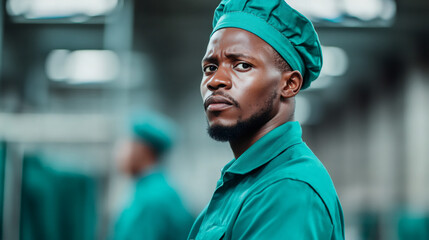 Aufkleber - Portrait of an african american engineer wearing uniform and hairnet, standing in a modern industrial factory