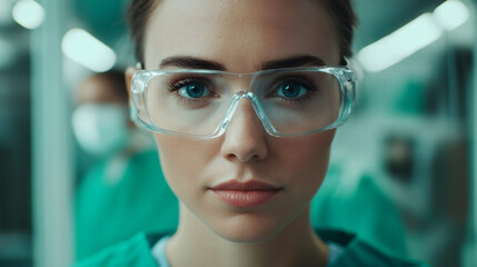Poster - Close-up of a female scientist wearing protective glasses, showcasing professionalism and expertise in a scientific environment