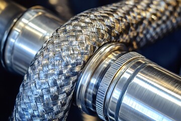 Close-up view highlighting a flexible metal hose connecting two robust metal pipes, emphasizing industrial strength and adaptability in various engineering applications