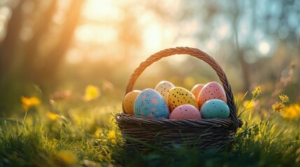 Wall Mural - Colorful Easter Eggs in a Woven Basket Placed Among Vibrant Spring Flowers