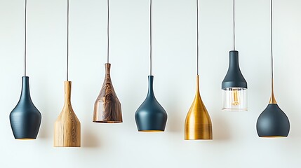 Wall Mural - Modern pendant lights in various shapes and materials hanging against a minimalist wall backdrop