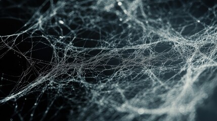 Intricate web of fine threads glistening against a dark background, creating a captivating and mysterious atmosphere.