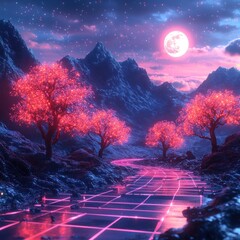 Wall Mural - glowing trees, moonlit path, snowy mountains, cyberpunk landscape, fantasy art