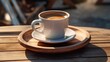 © Xfinity Stock - A photo of an empty espresso cup on a wooden tray.
