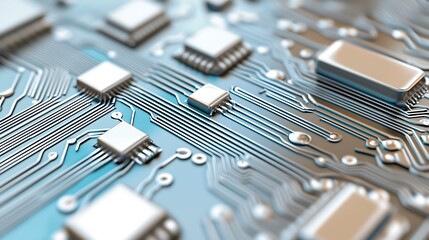 Electronic components on a circuit board, close-up, background blur, used for tech applications