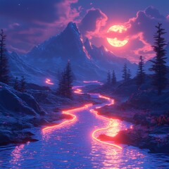 Wall Mural - glowing river flows through mountain valley at sunset; digital art