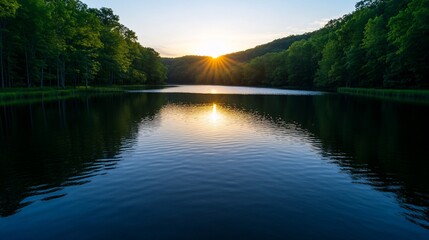 Canvas Print - Sunset over serene lake, trees reflected, calm waters, nature scene, peaceful backdrop