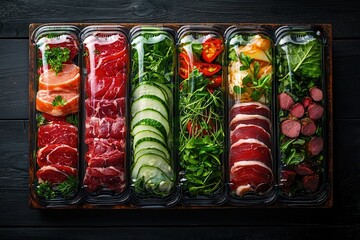 Wall Mural - meat vacuum-sealed . fresh halal food and grocery. Colorful assortment of fresh meats and vegetables in containers.