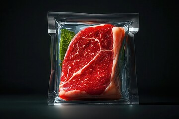 Wall Mural - meat vacuum-sealed . fresh halal food and grocery. Raw meat in vacuum packaging against a dark background.