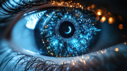 Wall Mural - futuristic eye, digital reflection, night bokeh, data visualization, tech concept