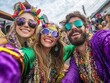 © I Have Photos - Friends in bright purple, green, and gold costumes taking a selfie in the middle of the Mardi Gras parade, Mardi Gras friends, social celebration