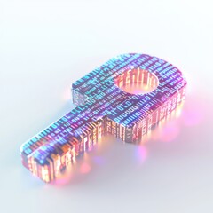 3D rendered floating stream of digital binary code transforming into a glowing security key, futuristic cyber aesthetic, sleek light reflections