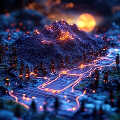 Wall Mural - glowing mountain river network night digital art