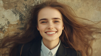 Poster - Portrait of a cheerful young businesswoman lying on the ground, her hair flowing freely, showcasing a bright and confident smile