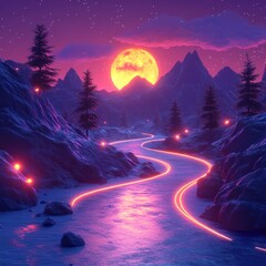 Wall Mural - neon river winding through purple mountain landscape at sunset, digital art, website banner