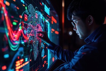 business development tactics. Futuristic data analysis with digital interface and user interaction.