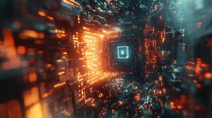 Wall Mural - futuristic digital core glowing, city backdrop, tech concept