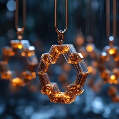 Wall Mural - glowing hexagon pendant, rain, dark background, jewelry