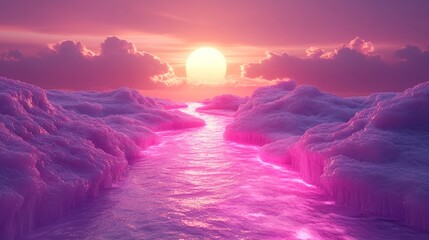 Wall Mural - pink sunset over arctic river, ice floes, fantasy landscape, postcard