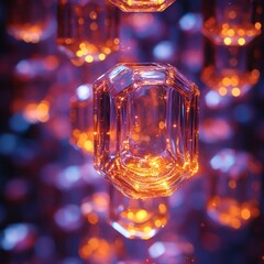 Wall Mural - glowing emerald cut gemstone falling, purple background, jewelry advertisement