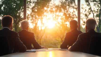 Poster - Professional colleagues collaborating near floor-to-ceiling windows, sunset illuminating workspace during strategic planning meeting