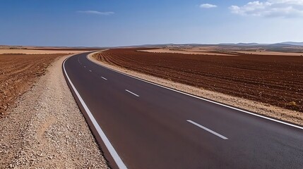 Wall Mural - Scenic winding road through vast agricultural fields under a clear blue sky