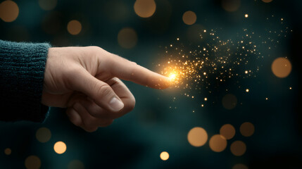 Poster - Caucasian hand pointing, index finger touching glowing golden particles against blurred luminous backdrop