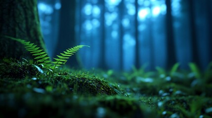 Canvas Print - Fern sprout in twilight forest; mystical nature scene, ideal for fantasy or fairytale