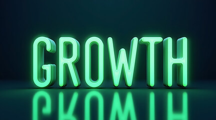 Wall Mural - a glowing neon sign displays the word growth, reflecting on a dark surface, symbolizing progress and