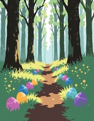 Wall Mural - Easter Egg Trail in Forest Path, Minimalist Flat Color Illustration, Outdoor Adventure, Copy Space for Text