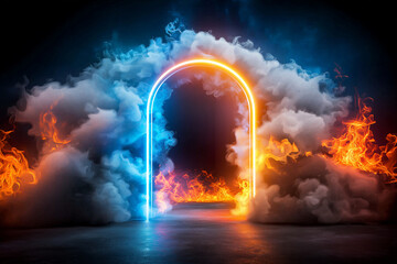 Canvas Print - vibrant archway surrounded by colorful flames and smoke creates mystical atmosphere, inviting exploration into fantastical realm