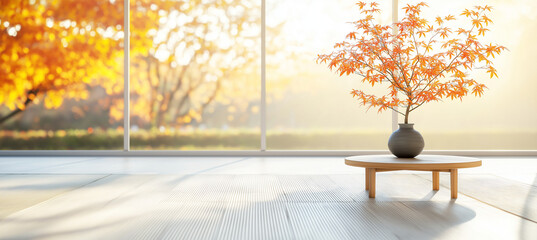 Sticker - serene interior featuring small table with vase of orange leaves, illuminated by warm sunlight streaming through large windows, creating peaceful atmosphere