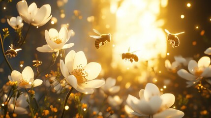 Canvas Print - Bees pollinating white flowers at sunset in lush garden