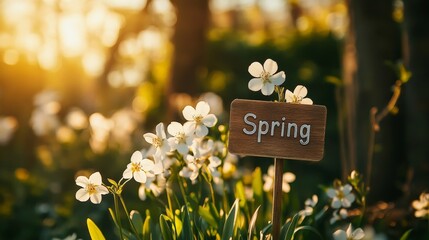 Canvas Print - Blooming white flowers in sunlit spring garden