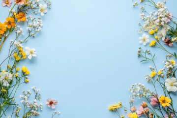 Canvas Print - Colorful wildflowers border on light blue background with space for text