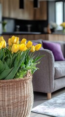 Poster - Cozy living room with yellow tulips in woven basket and modern decor