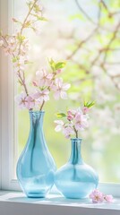 Canvas Print - Elegant cherry blossoms in blue vases by sunlit window