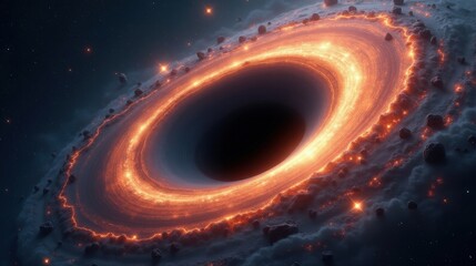A black hole at the center of a dying galaxy, its event horizon in Magical Realism distorting spacetime, swirling accretion disks glowing with intense blues, oranges, and deep reds.